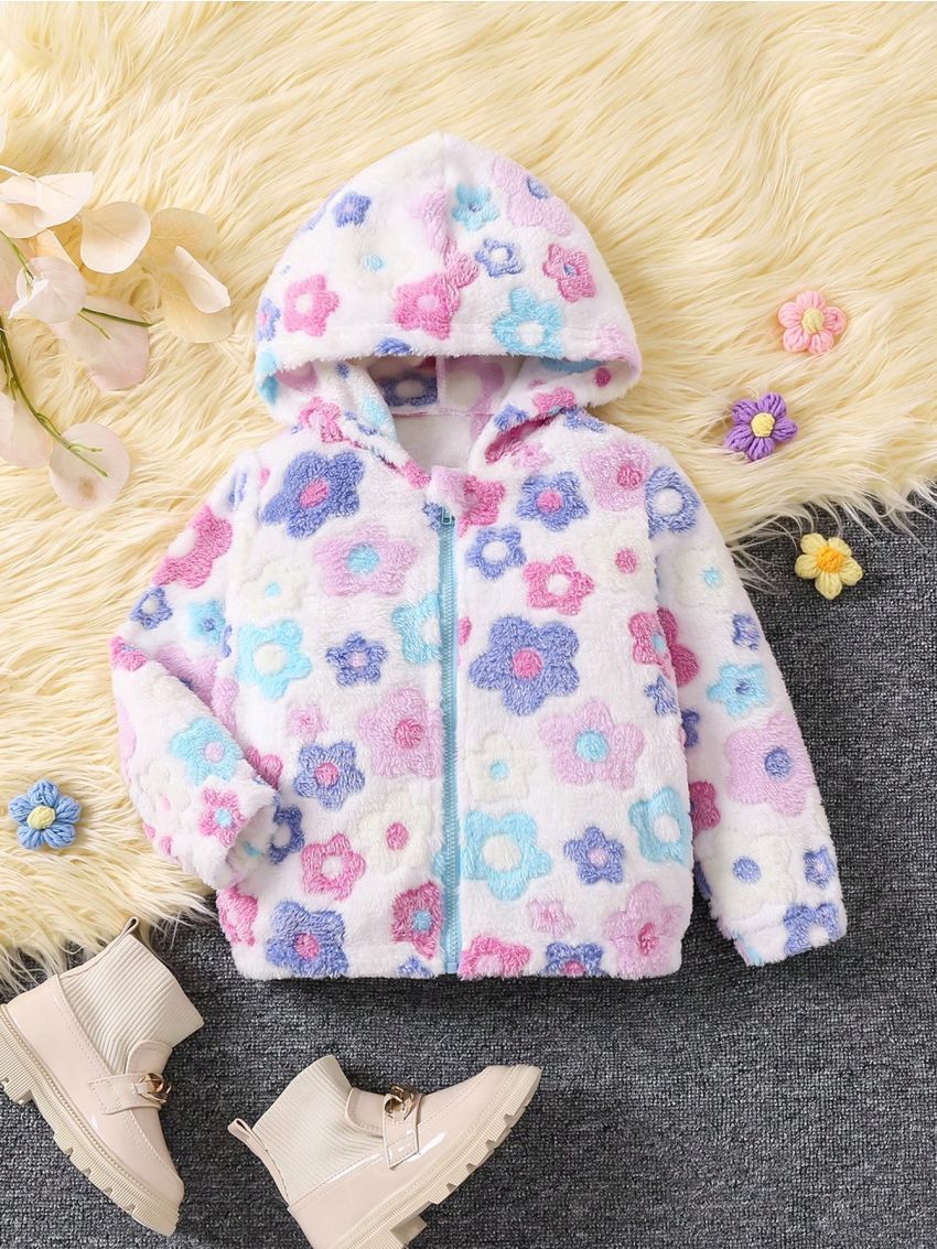SHEIN Kids Nujoom Little Girls' Cute Comfortable Warm Casual Hooded Jacket With Flower Decor, Autumn & Winter