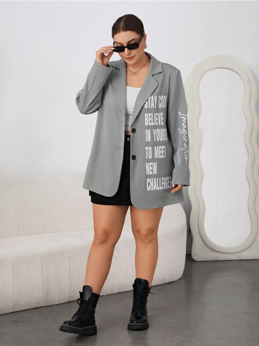SHEIN Essnce Plus Size Women'S Slogan Single Breasted Suit