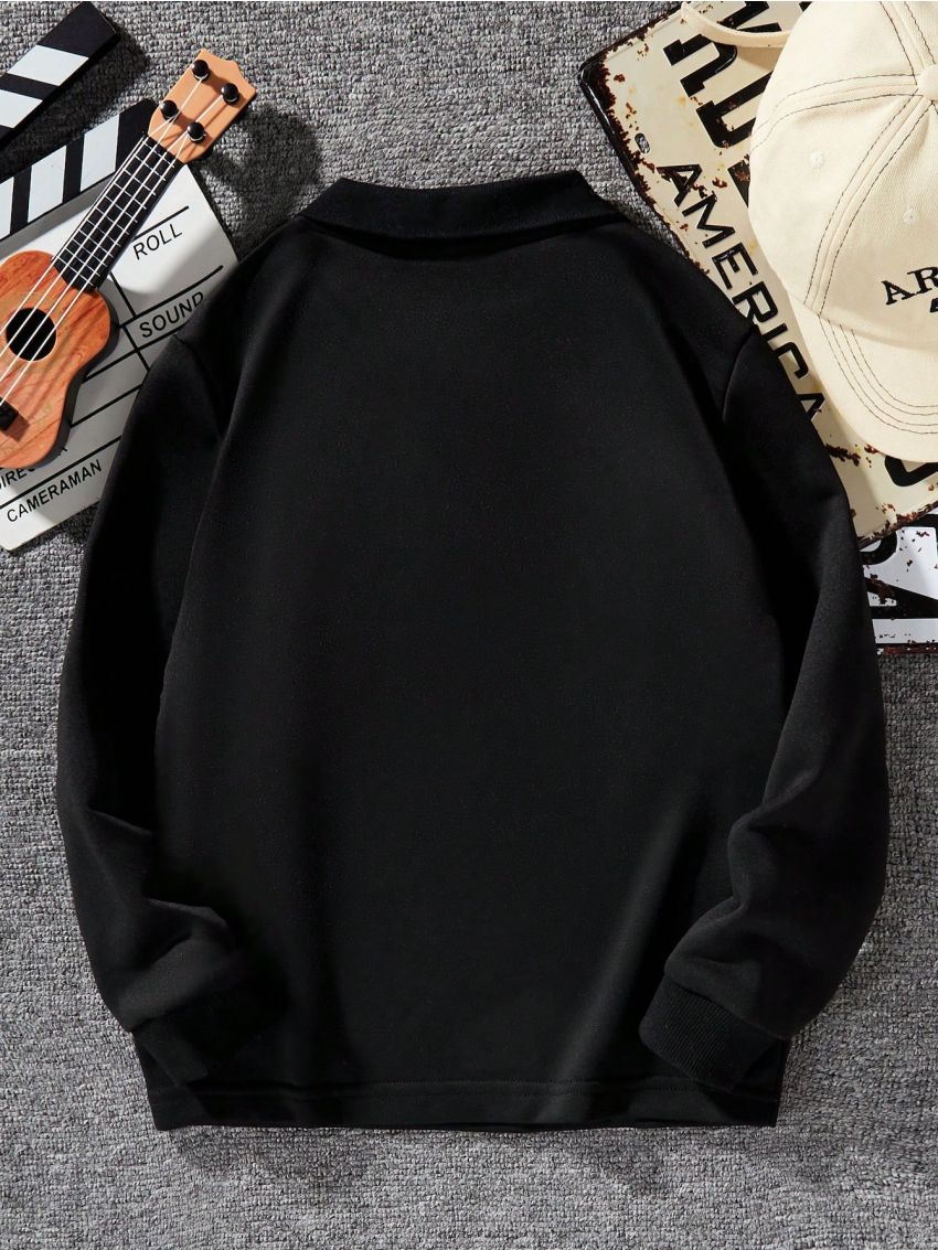 SHEIN Boys' Velvet Spliced Polo Shirt With Letter Embroidery, For Big Kids