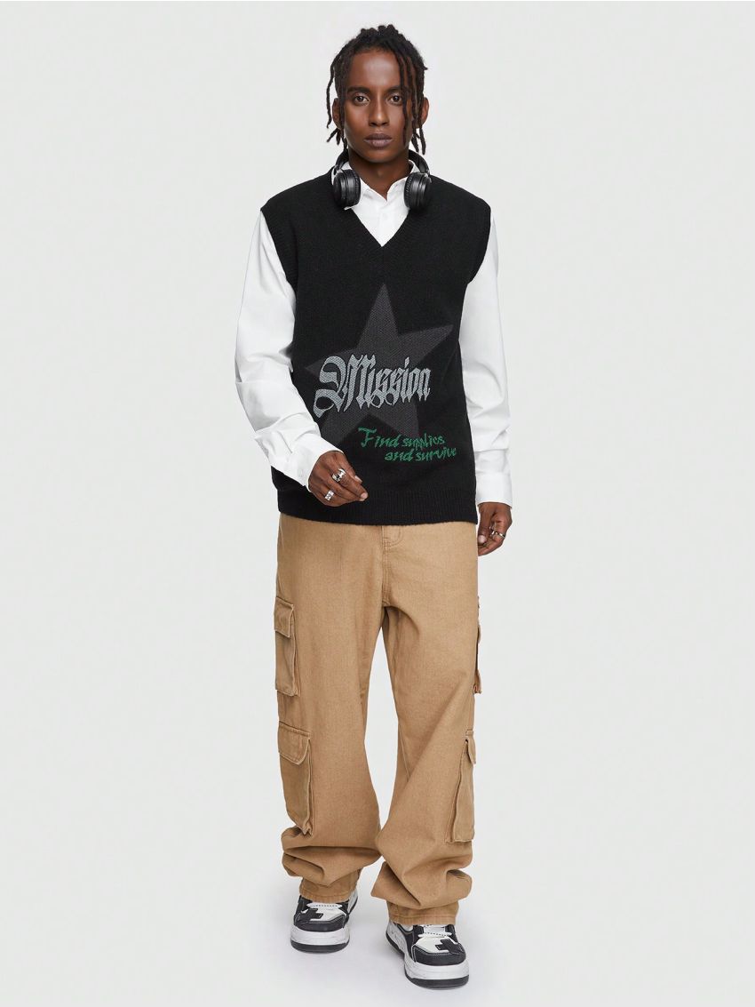 ROMWE Street Life Guys Knitted Sweater Vest With Letter And Star Pattern