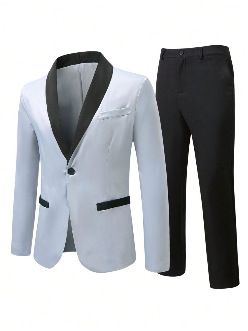 Men's Color Block Suit With Mandarin Collar And Trousers