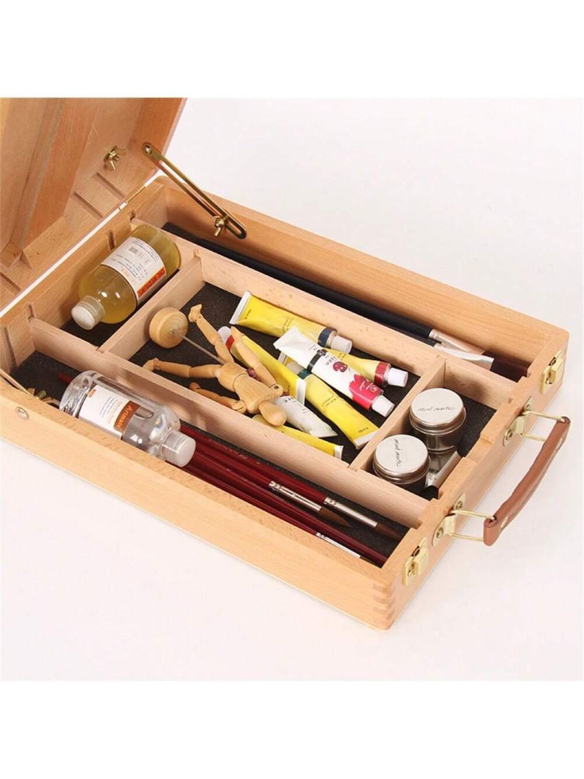 Portable Beech Sketch Box With Easel Impact-resistant 4 Compartments Storage Box With Handle 36x27x11.5cm
