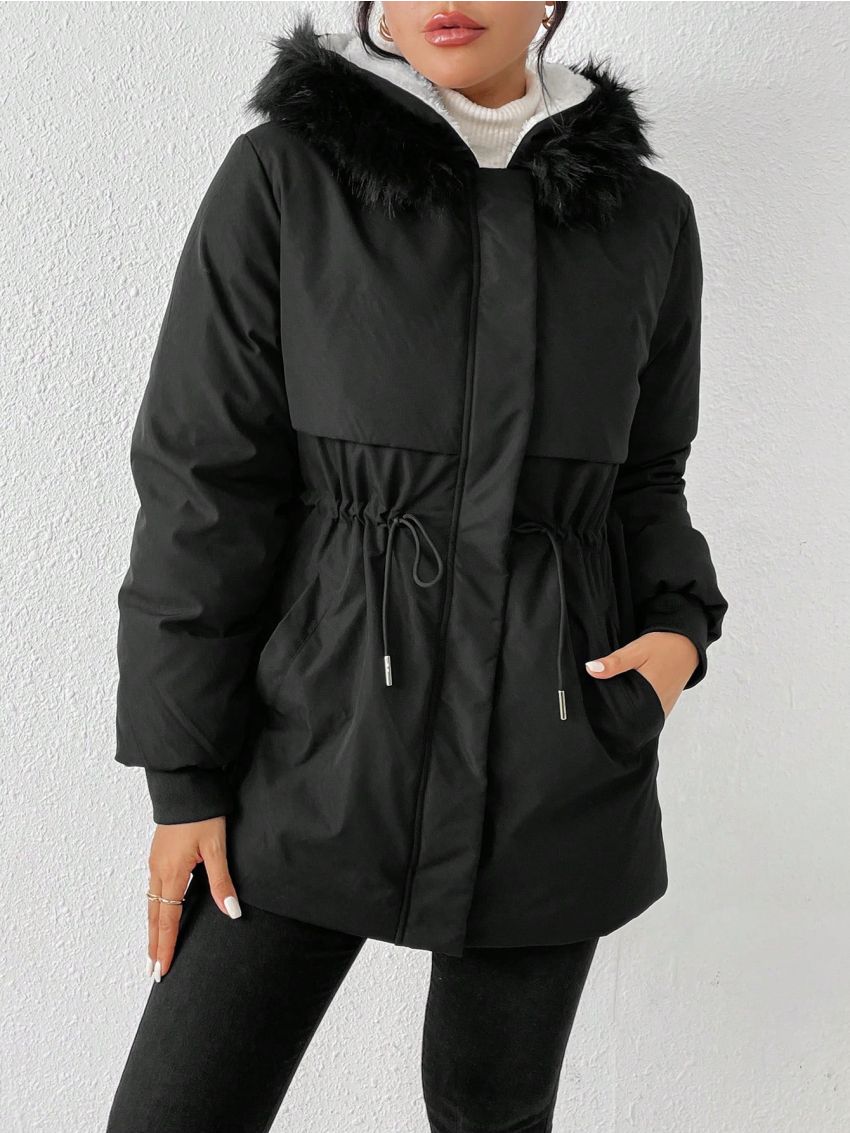 SHEIN Frenchy Women's Black Zipper & Button Closure Mid-length Padded Coat