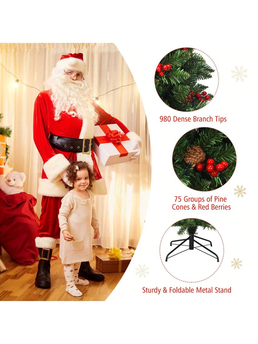 Gymax 7.5Ft Pre-Lit Pencil Christmas Tree Hinged Artificial Slim Tree w/ LED Lights