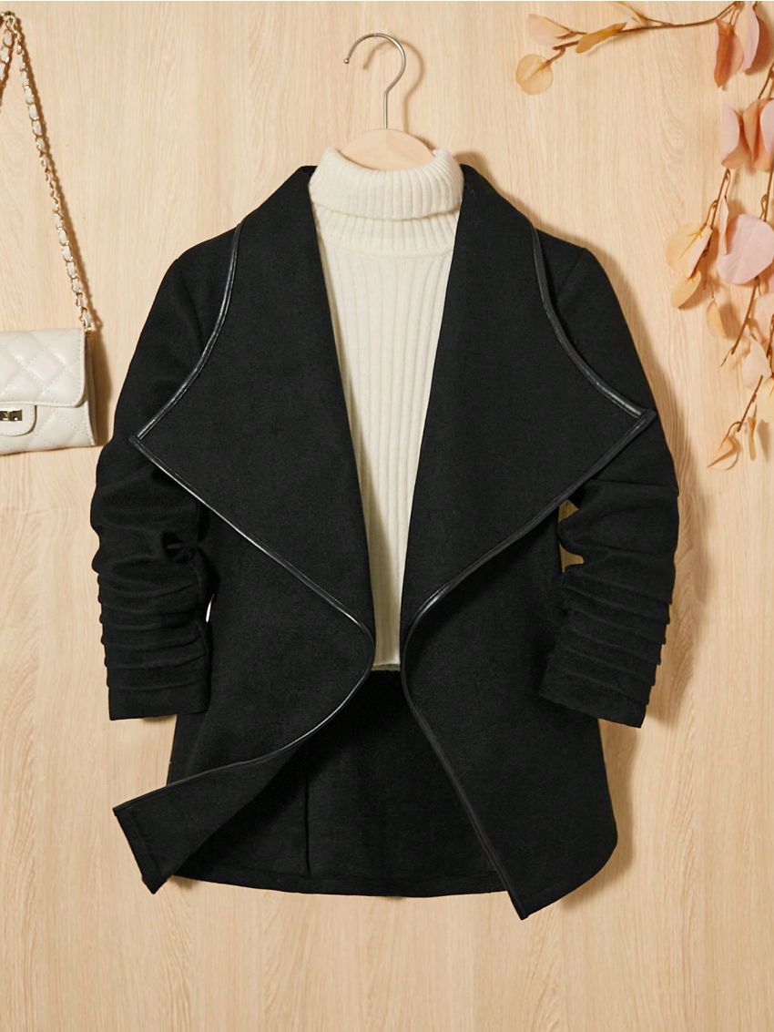SHEIN Kids Nujoom Tween Girls' Oversized Retro Woolen Coat With Pu Trimmed Lapel Collar