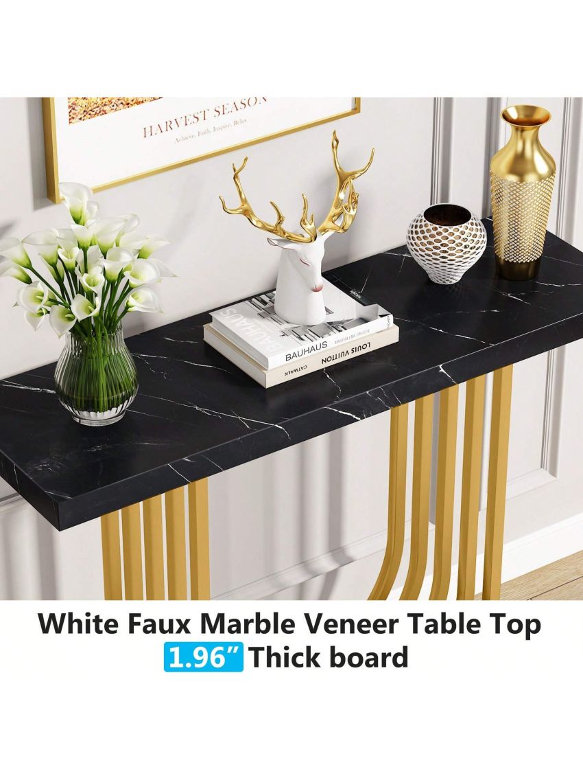 Tribesigns Modern Console Table with Gold Base, 39.4 Inch Faux Marble Veneer Entryway Table, Narrow Sofa Accent Table with Geometric Metal Legs for Living Room, Hallway