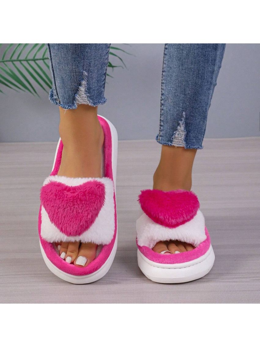 Women's Winter Thick-soled Plush Slippers With Waterproof And Anti-slip Bottom, Heart Shaped, Warm House Slippers