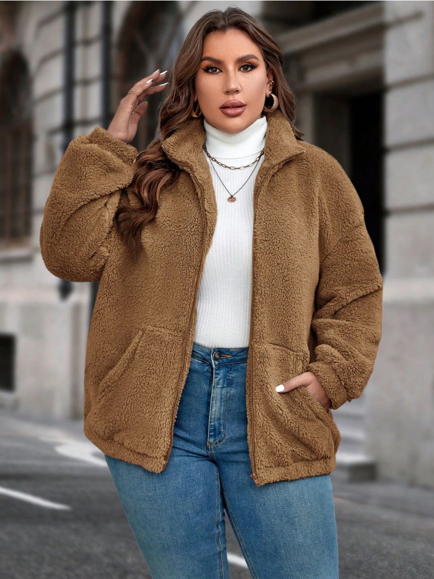 SHEIN Clasi Women's Plus Size Zipper Front Oversized Fluffy Jacket With Drop Shoulders