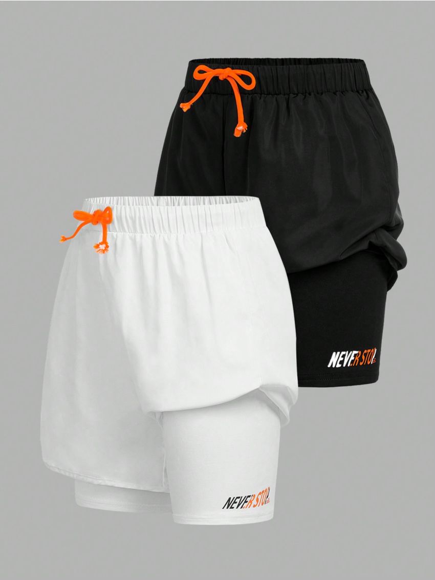 SHEIN 2pcs/Set Tween Boys' Color-Blocked Drawstring Patterned Leggings & Athletic Shorts Set