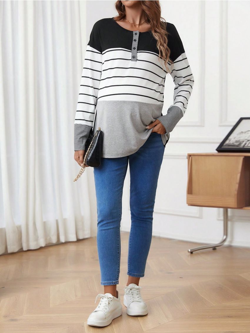 SHEIN Maternity Striped Button Placket Half-open T-shirt