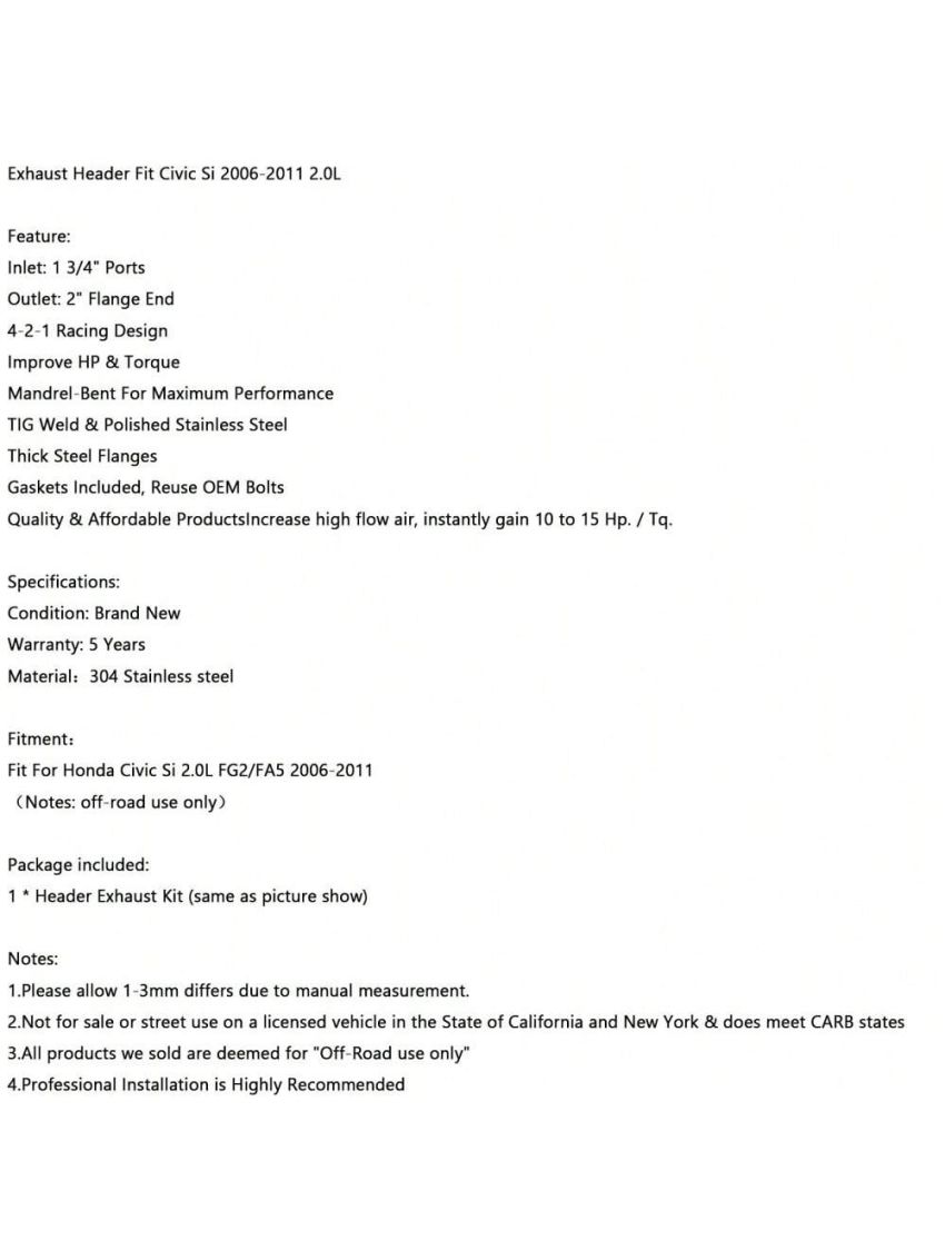 Exhaust Header Fit For Civic Si 2.0L FA5 FG2 2.0L K20Z3 Race Header Tri-Y 2006-2011