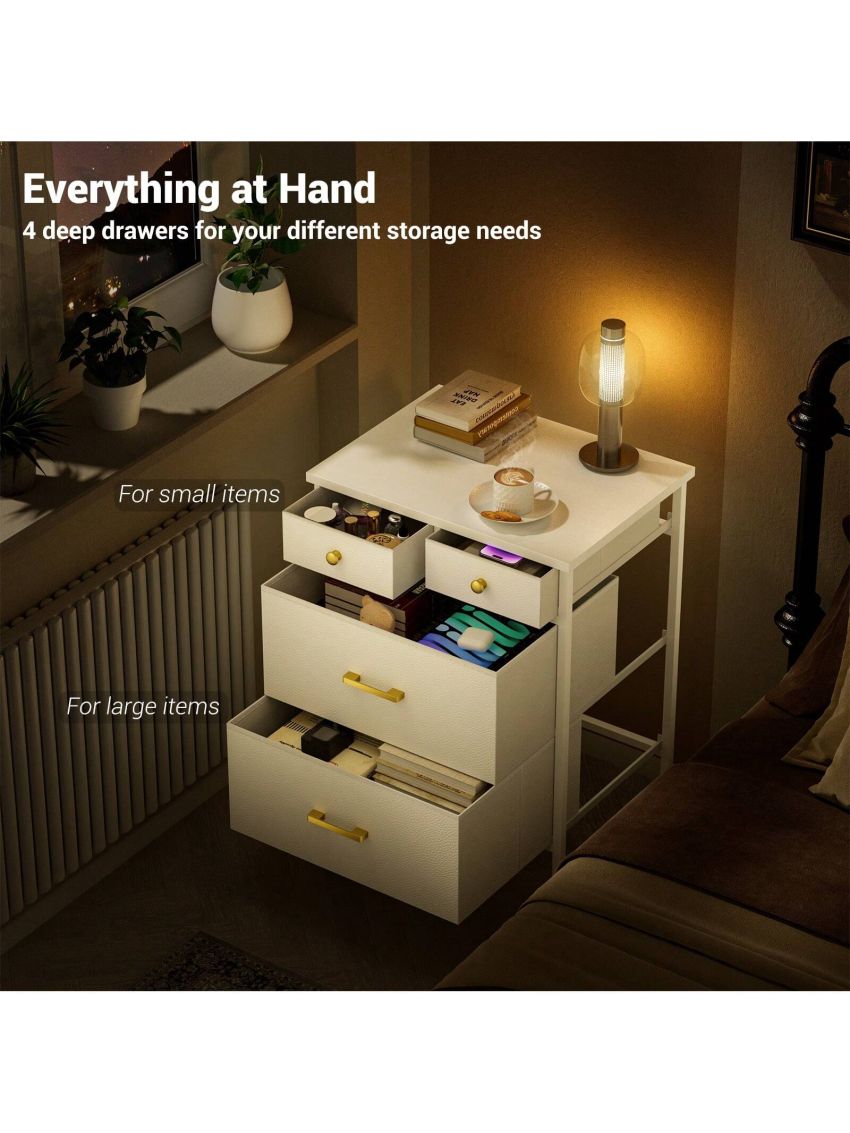 GINRGINR White Nightstand with Different Size Drawer, Bedside Table with 4 Fabric Drawers of Faux Leather, Modern Night Stand End Table for Bedroom, White, 13.7