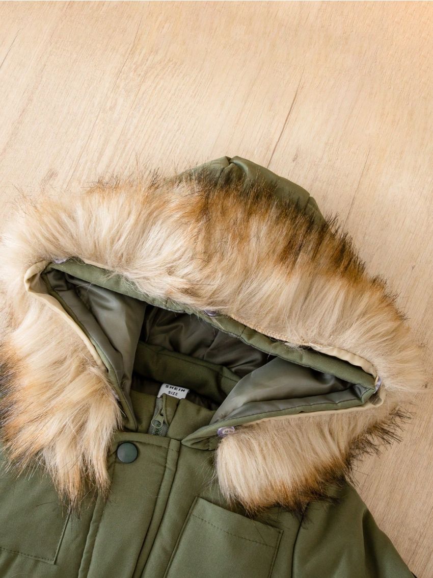 SHEIN Baby Boy's Thickened Warmth Detachable Hooded Parka With Collar, Autumn & Winter