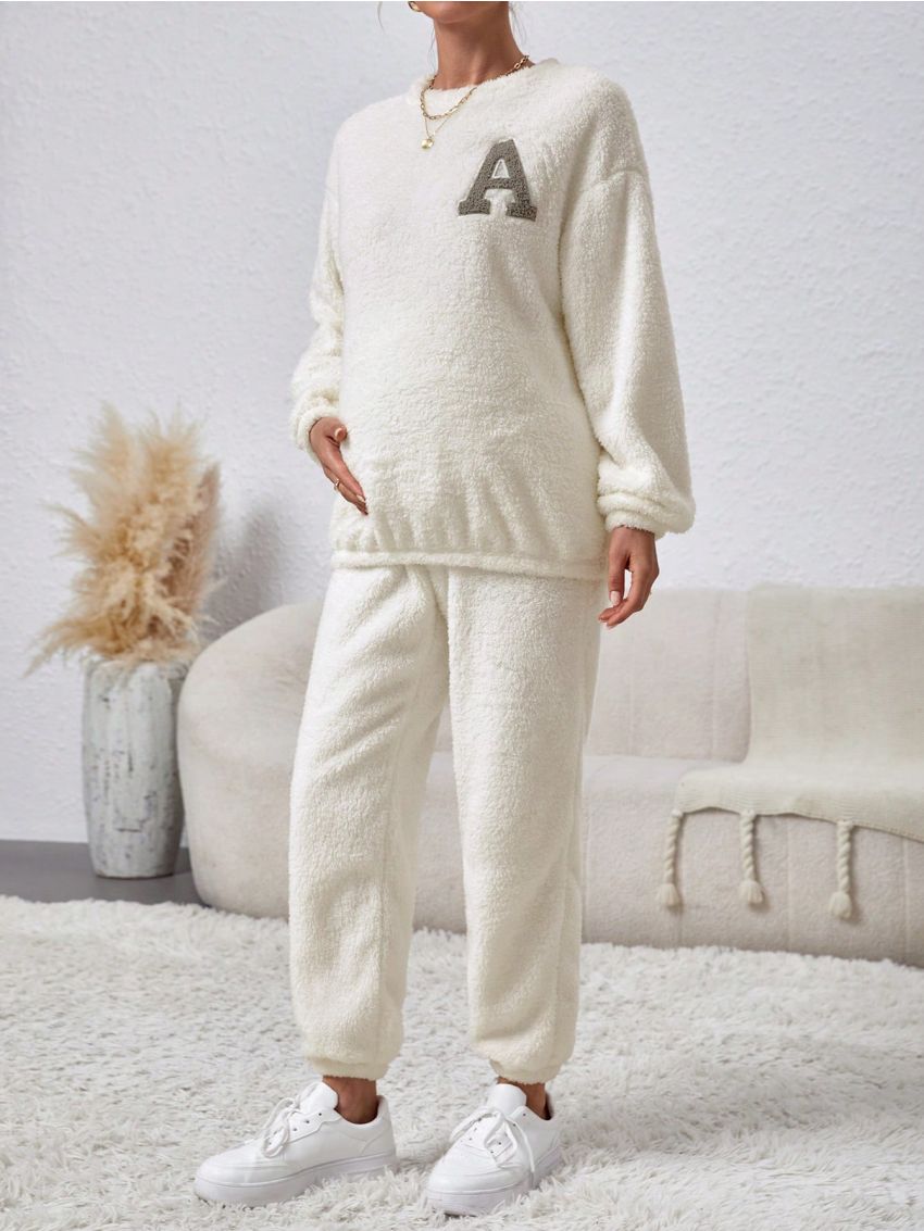 SHEIN Maternity Adjustable Waist Plush Two Piece Set With Letter Pattern