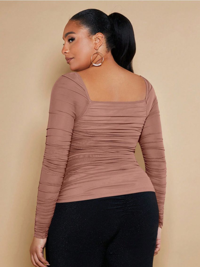 SHEIN BAE Plus Square Neck Ruched Mesh Blouse