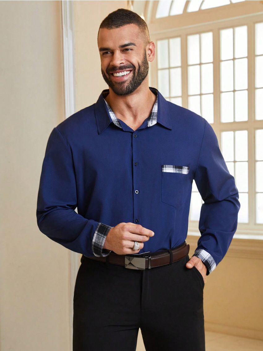 Manfinity Mode Men'S Plus Size Plaid Patchwork Long Sleeve Shirt