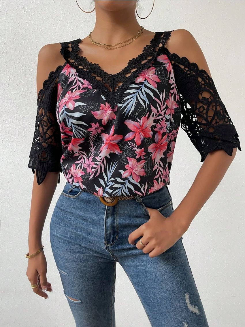 SHEIN VCAY Tropical Print Guipure Lace Panel Cold Shoulder Blouse