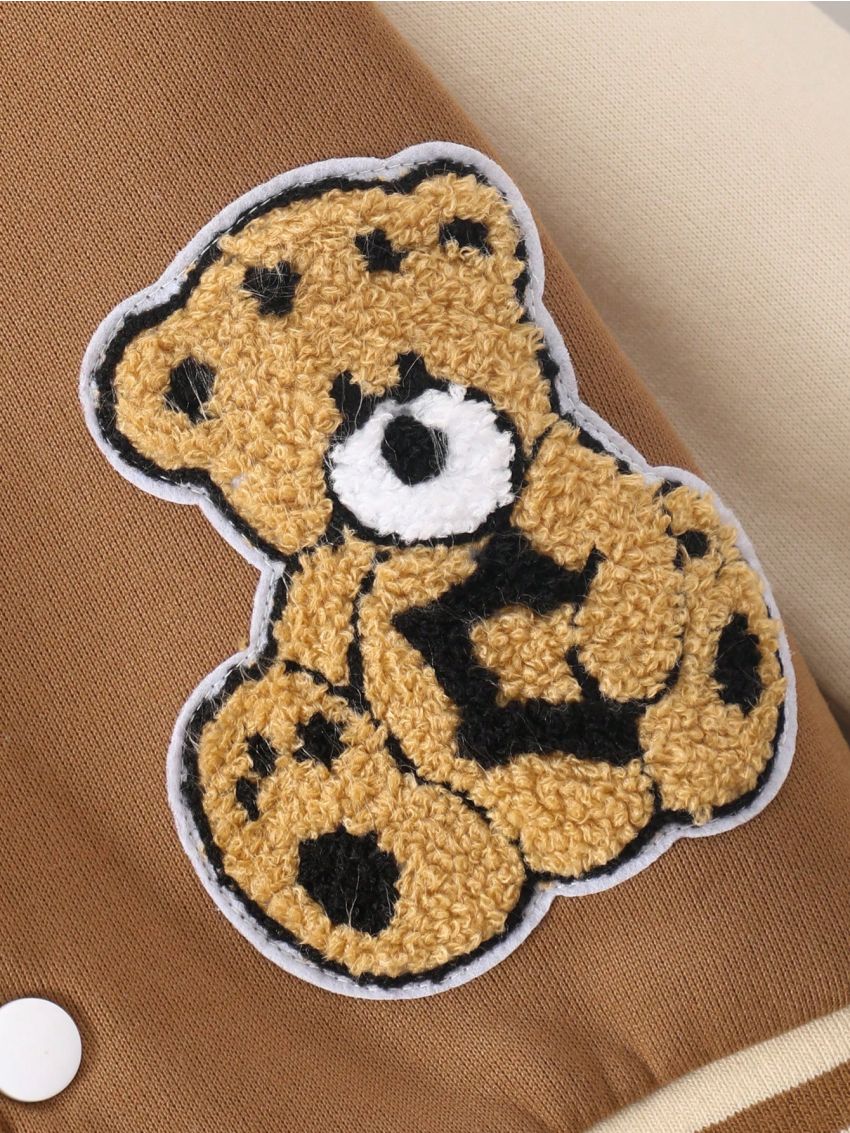 SHEIN Toddler Boys' Alphabet Pattern Bear Embroidery Baseball Jacket For Autumn Winter