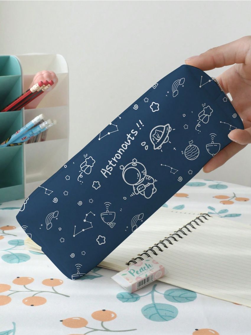 1pc Cartoon Astronaut Pattern Pencil Bag, Portable Stationery Bag For Middle High College School & Office