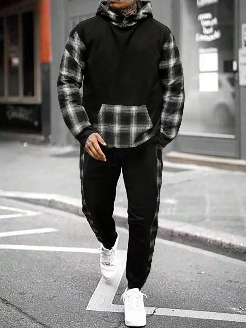 Manfinity Homme Men's Black Plaid Hooded Sweatshirt And Sweatpants Set