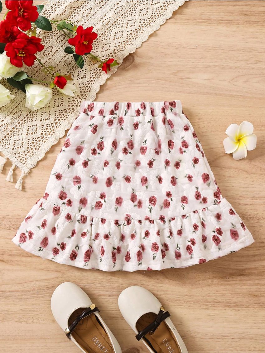 SHEIN Kids SUNSHNE Young Girls' Floral Print Holiday Style Skirt, Summer