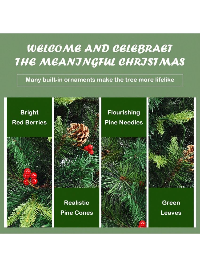 Gymax 7 ft Pre-lit Hinged Christmas Tree Holiday Decor w/ LED Lights Metal Stand