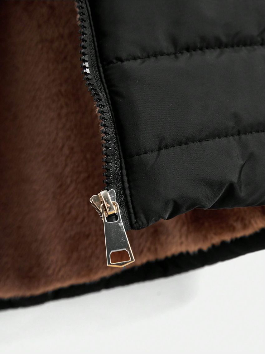 SHEIN Kids QTFun Little Boys' Solid Hooded Zipper Closure Quilted Jacket