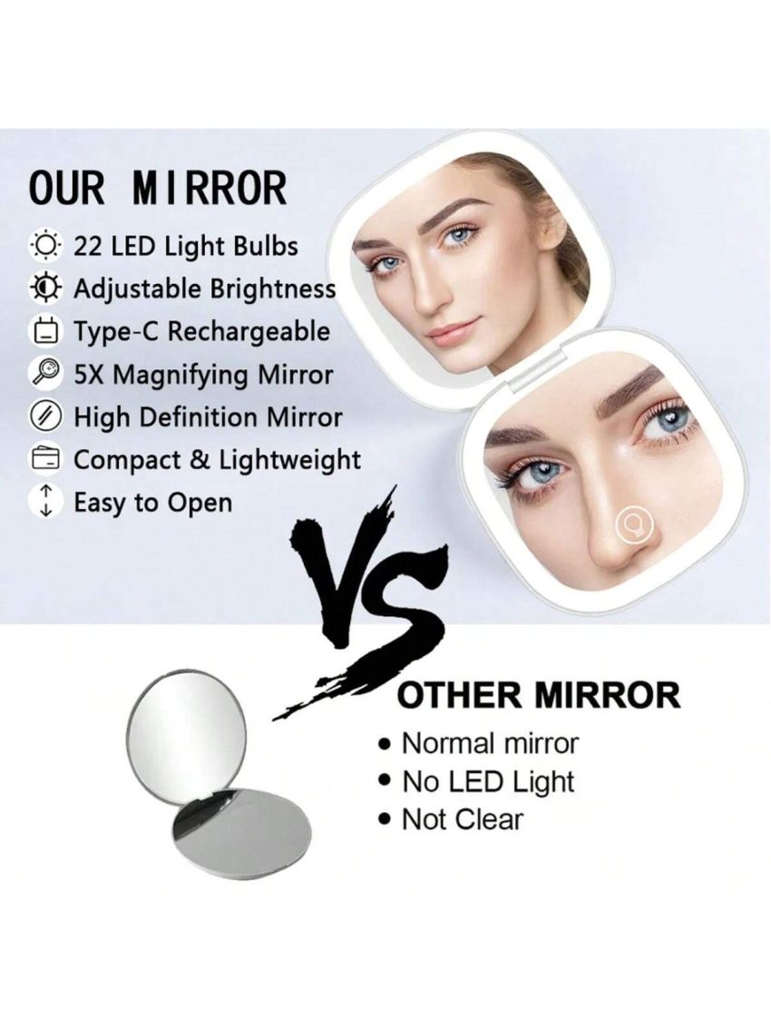 1pc Portable Led Lighted Makeup Mirror With 5x Magnification Pocket Size For Convenient Carrying