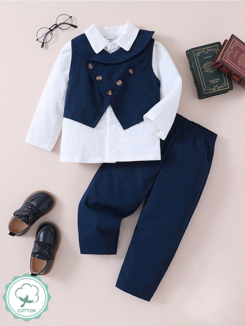 3pcs/Set Spring-Summer Casual Baby Boy Vintage College Shirt Gentleman Outfit, Suitable For Outdoors, Festivals, Leisure And Daily Wear