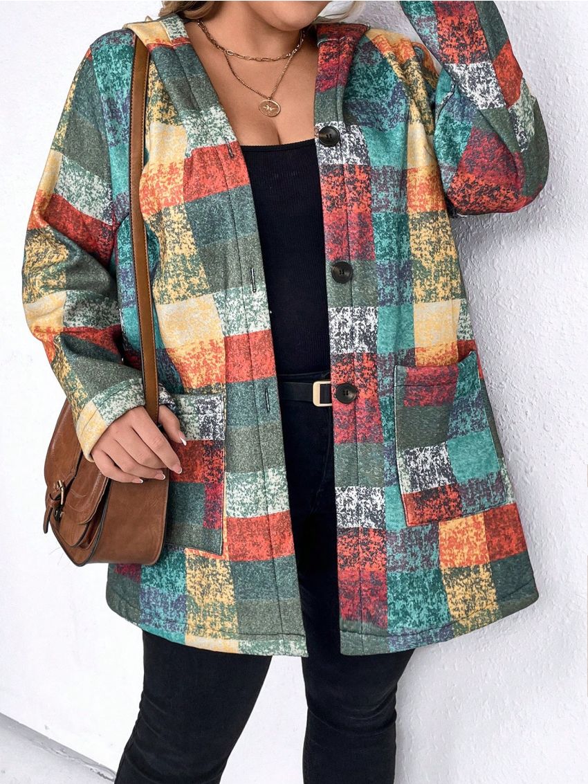 SHEIN LUNE Plus Size Color Block Grid Pattern Hooded Casual Woolen Coat