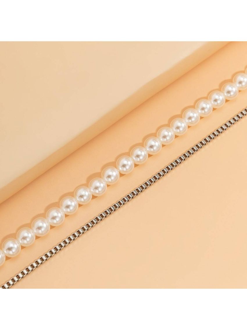 2pcs Chain Faux Pearl Necklace Set Suitable For Men's Daily Wear