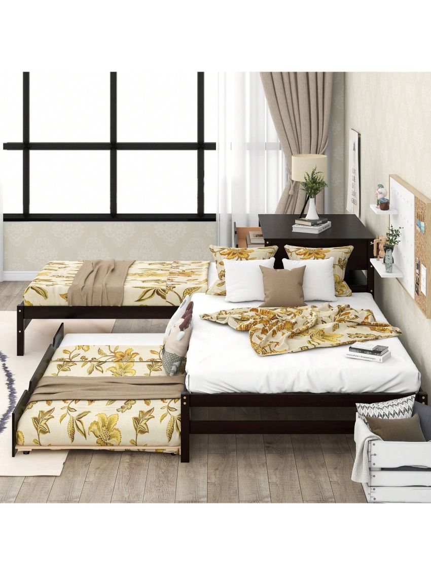 MISSUNNY L-Shaped Full Size and Twin Size Platform Beds with Twin Size Trundle and Drawer Linked with Built-in Rectangle Table,Espresso