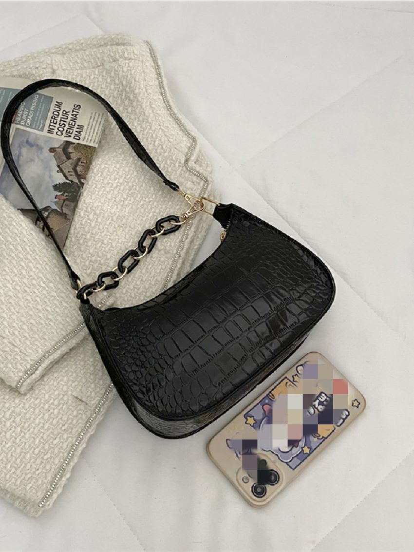 Crocodile Embossed Baguette Bag