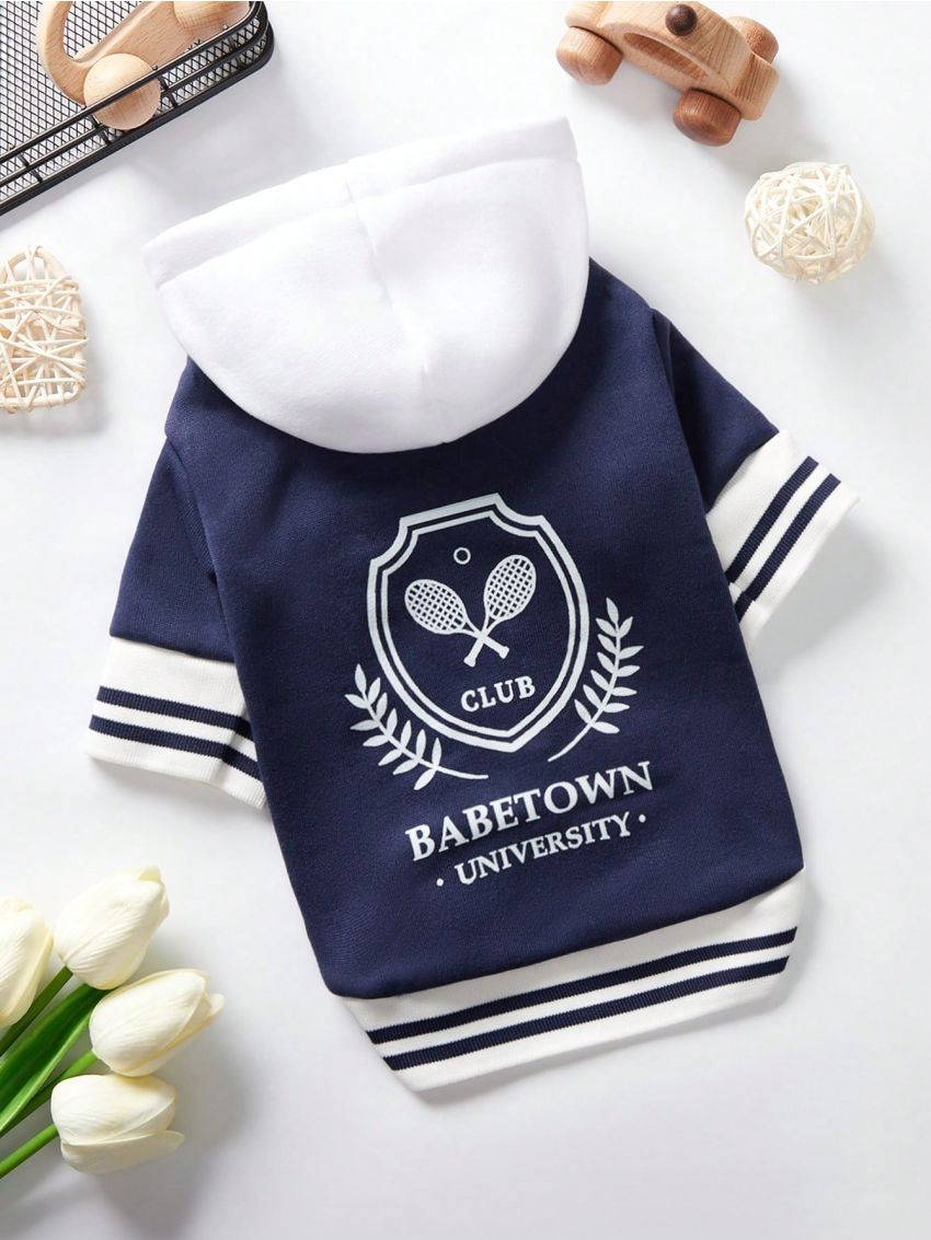 Venus In Bloom 1pc Blue & White Colorblock Tennis Inspired Jacket With Cute Pet Printed Cardigan Sweatshirt