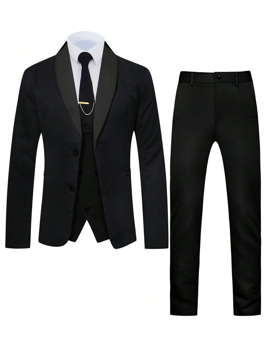 Manfinity Men's Shawl Collar Double Breasted Suit Jacket Vest Pants Set