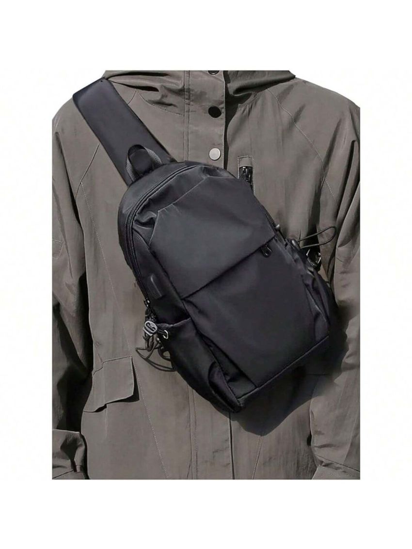 Small Black Sling Crossbody Backpack Shoulder Bag for Men Women, Lightweight One Strap Backpack Sling Bag Backpack for Hiking Walking Biking Travel Cycling USB Charger Port-Nylon