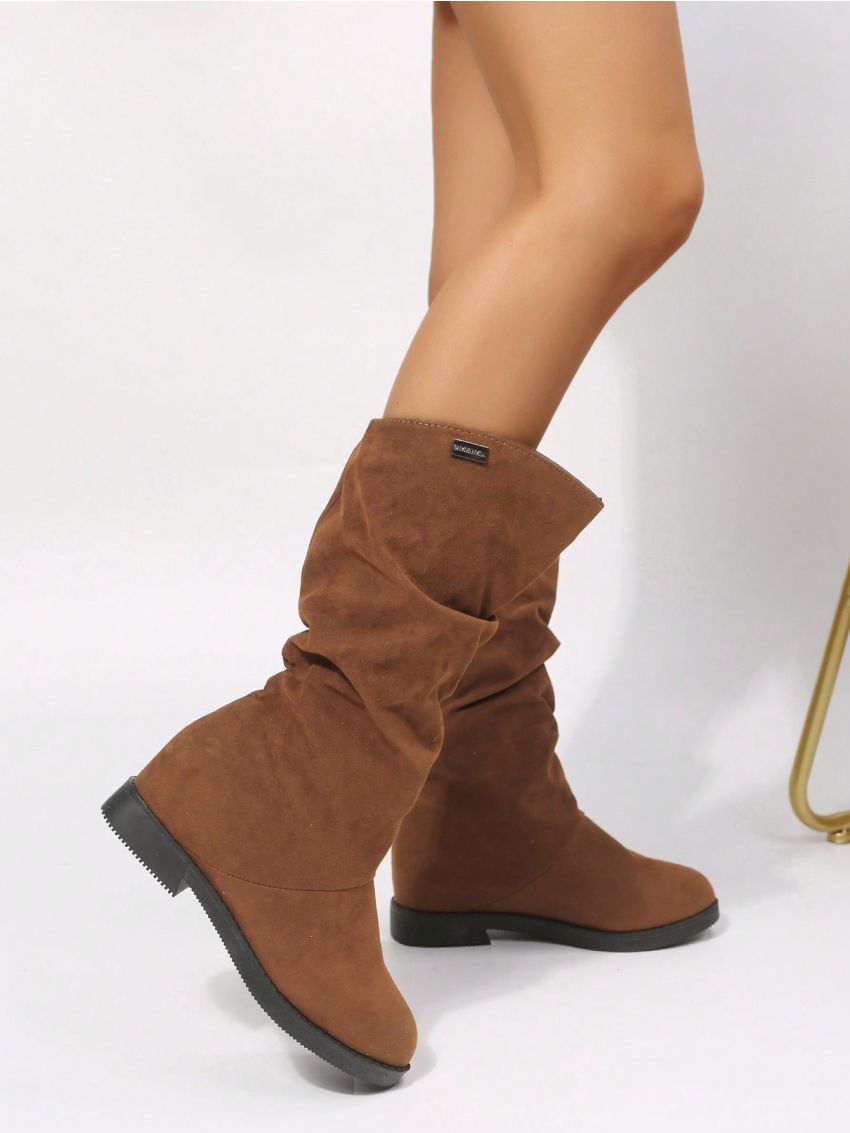 Women's Wedge Heel Thick Platform One-piece Slip-on Fashionable Ruched Boots With Hidden Heels Mid-calf Comfy Booties