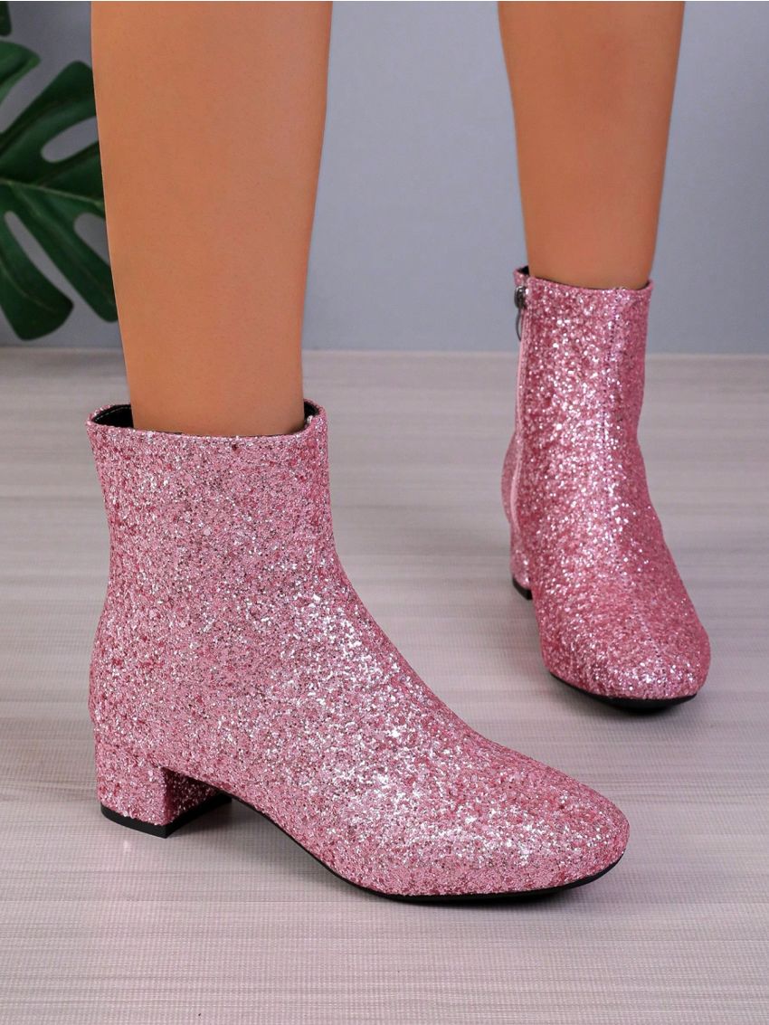 Ladies' Pointed Toe Pink Glitter Side Zipper Chunky Heel Western Style Short Boots, Winter New Arrivals All-match Slimming Fashionable Shoes For Women