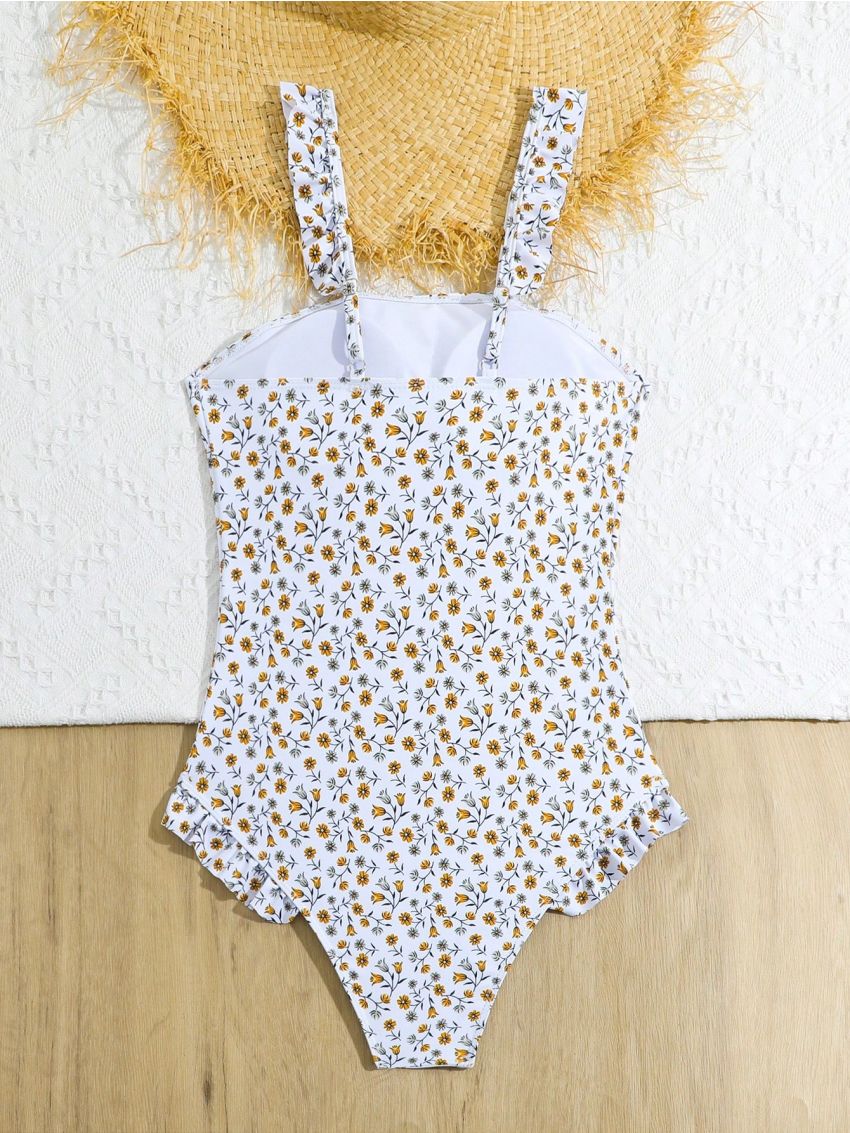 Teen Girl Floral Print One-Piece Swimsuit With Wide Shoulder Straps