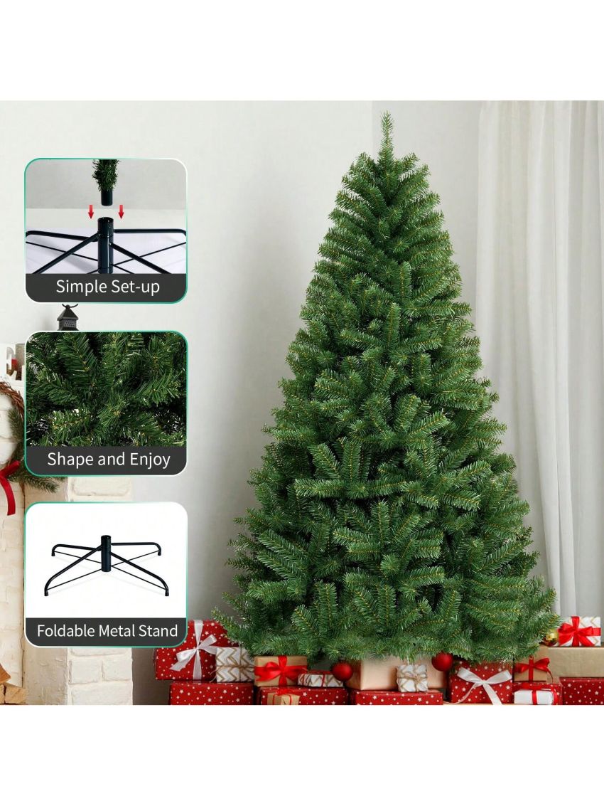 6FT Artificial Holiday Christmas Tree, Unlit Premium Hinged Spruce Holiday Xmas Tree, 800 Branch Tips & Metal Foldable Stand for Home, Office, Party Decoration