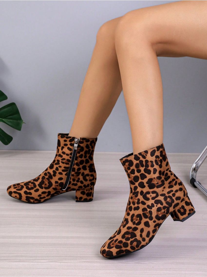Women's Pointed-toe Side Zipper Leopard Print Ankle Boots, Thick High-heels, Autumn And Winter Fashionable And Versatile, Showing Thin, Female Boots