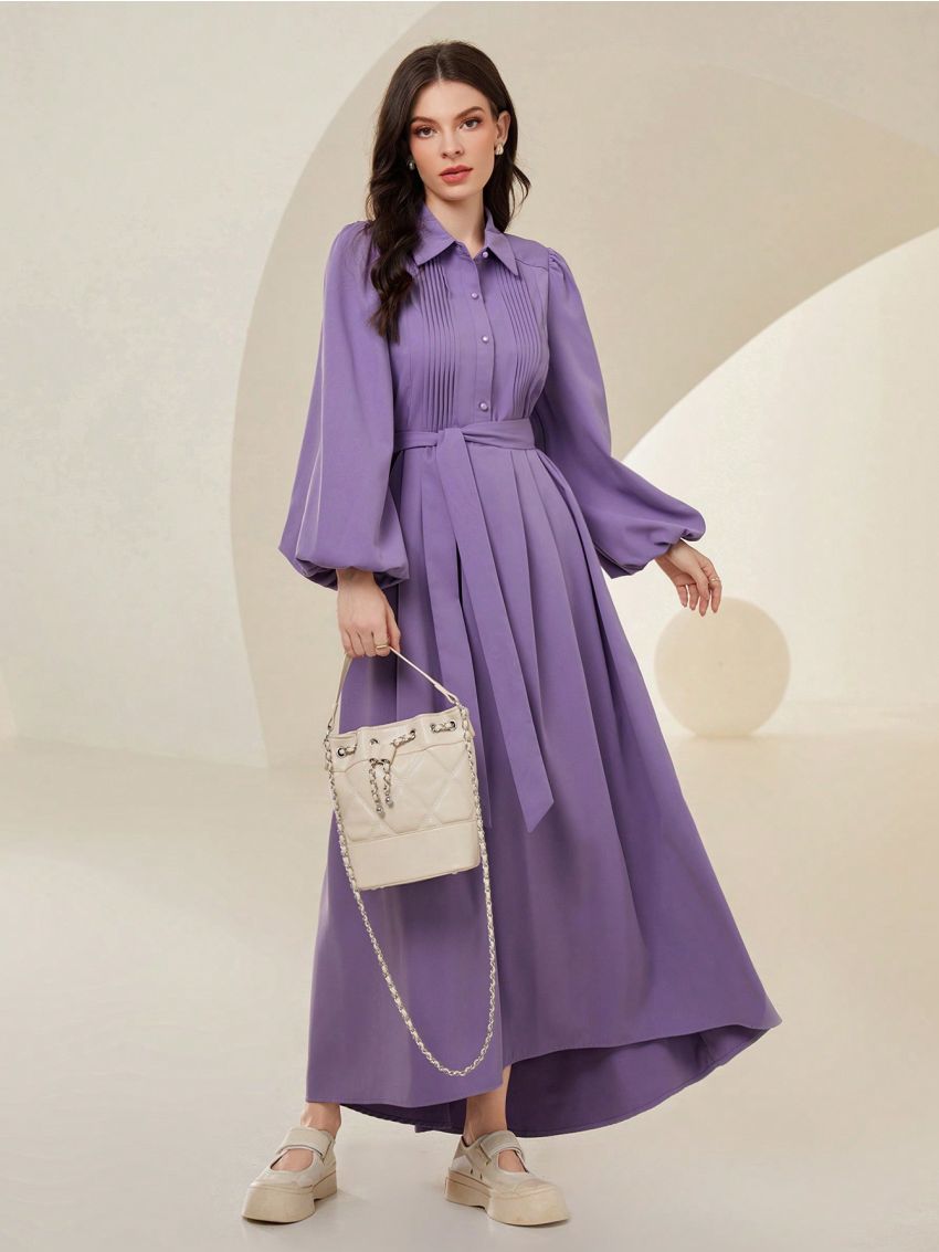 SHEIN Mulvari Lantern Sleeve Belted Pleated Shirt Dress