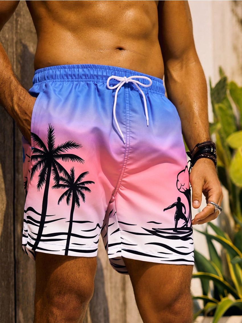 Men'S Coconut Tree Printed Drawstring Beach Shorts