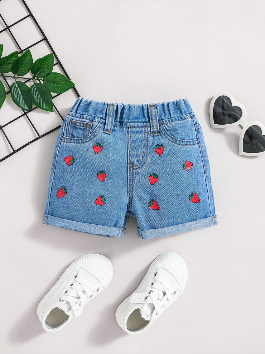 SHEIN Baby Girls' Cute Strawberry Pattern Stretch Waist Comfortable Soft Denim Shorts