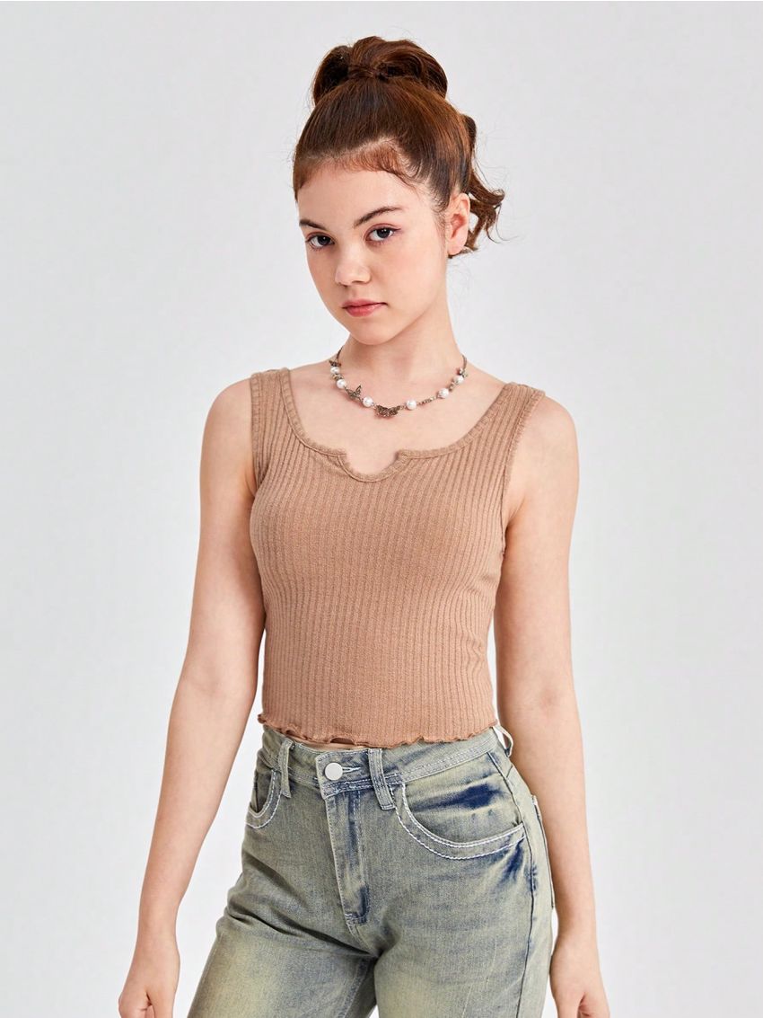 SHEIN Teenage Girls' Knitted Tank Top Set With Notch Neckline, 3pcs