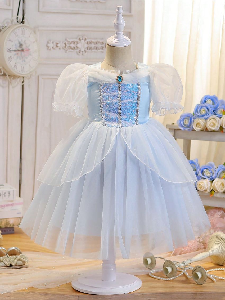 Little Girls' Puff Sleeve Mesh Dress With Bubble Skirt, Formal Occasions