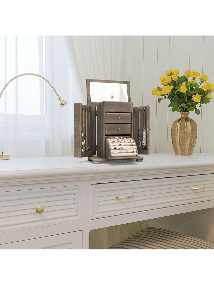 Jewelry Box for Women, Rustic Wooden Jewelry Boxes & Organizers with Mirror, 4 Layer Jewelry Organizer Box Display for Rings Earrings Necklaces Bracelets