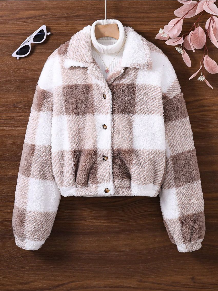 Teen Girl Buffalo Plaid Pattern Drop Shoulder Teddy Jacket Without Sweater