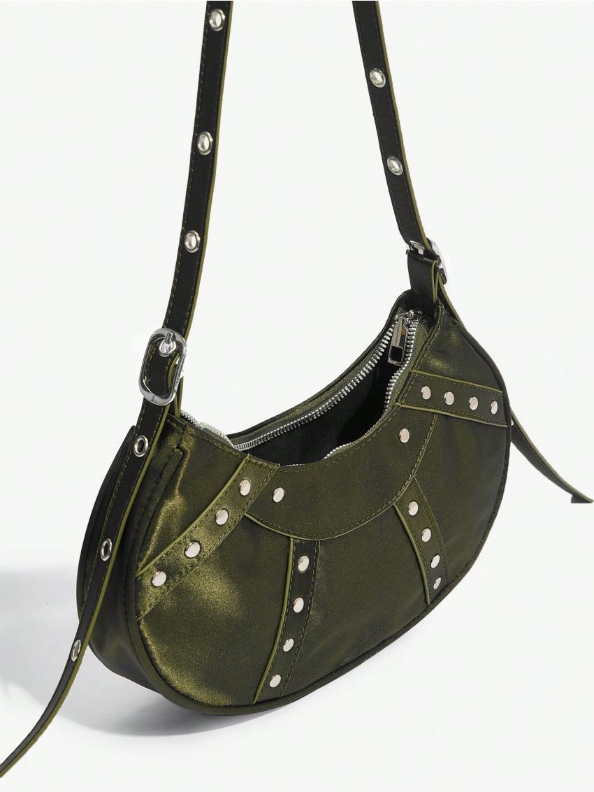 SHEIN SXY 1pc Rivet Decorated Punk Style Ladies Zipper Hobo Bag
