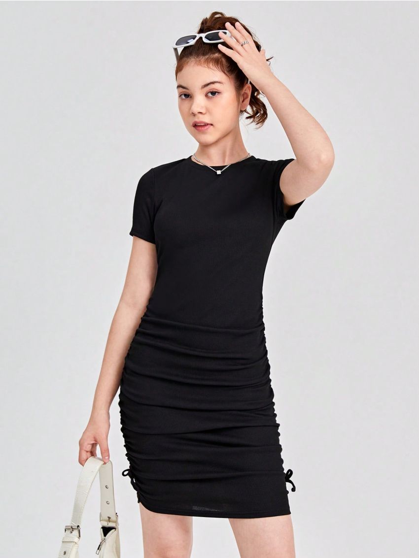 SHEIN Teen Girls' Slim Fit Knit Ribbed Ruched Dress With Round Neckline